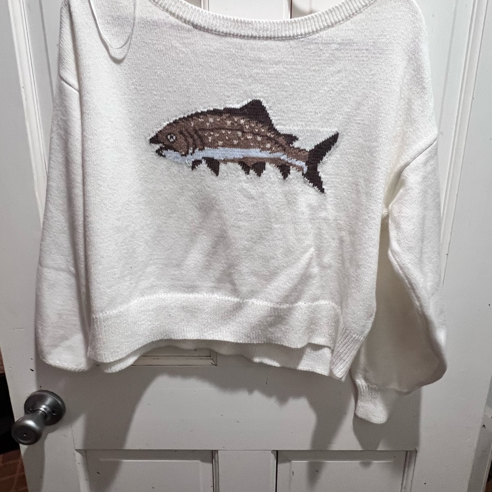 Hollister White Off-the-Shoulder Sweater with Fish Design